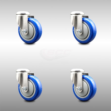 Service Caster 4 Inch 316SS Blue Polyurethane Wheel Swivel Bolt Hole Caster Set SCC-SS316BH20S414-PPUB-BLUE-4